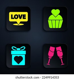 Set Glass of champagne, Speech bubble with text love, Gift box with heart and Wedding cake with heart. Black square button. Vector