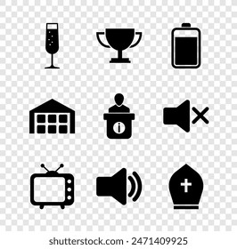 Set Glass of champagne, Trophy cup, Battery, Television tv, Speaker volume and Pope hat icon. Vector