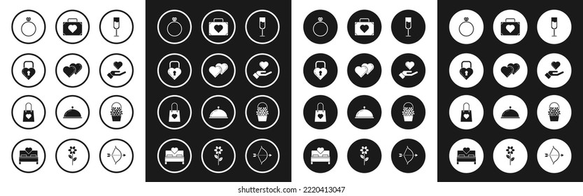 Set Glass of champagne, Two Linked Hearts, Castle the shape heart, Diamond engagement ring, hand, Suitcase for travel with, Flowers basket and Shopping bag icon. Vector