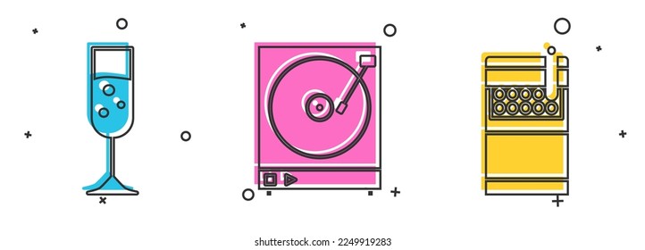 Set Glass of champagne , Vinyl player with a vinyl disk  and Open cigarettes pack box  icon. Vector
