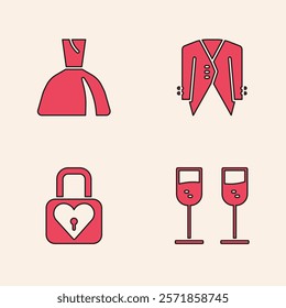 Set Glass of champagne, Woman dress, Suit and Lock and heart icon. Vector