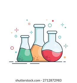 Un conjunto de frascos químicos de vidrio de diferentes tamaños y Formas con líquidos de colores. El concepto de investigación científica y experimentos en el campo de la química.