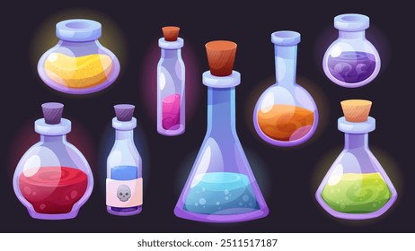 Conjunto de frascos químicos de vidrio. Frascos, tubos de ensayo, recipientes con reactivos químicos para laboratorio. Elementos de Vector sobre fondo blanco