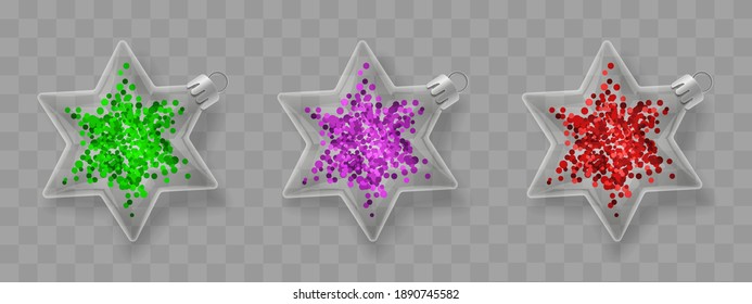 Set of glass Christmas toys, decorations, stars with gree, purple, red confetti isolated on transparent background. Holiday illustration for postcard, banner, cards, decor, design, arts, advertising.