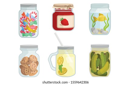 Set of glass closed cans with food and drinks. Vector illustration on a white background.