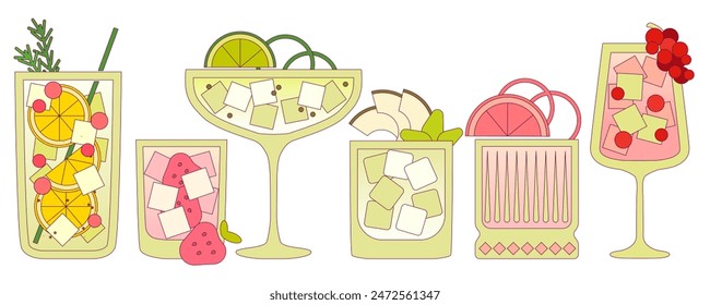 Set of glass cocktails for the bar. Vector flat illustration with contour. Fruit and drinks for the summer. Alcohol and non-alcoholic drinks for the bar. Cooling liquid