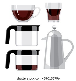 set glass coffee cup, coffee pot, coffee machine, flat illustration