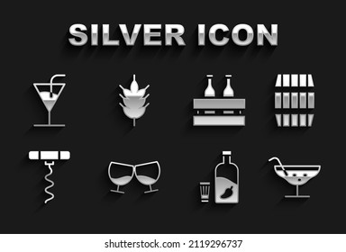 Set Glass of cognac or brandy, Wooden barrel, Cocktail, Vodka with pepper glass, Wine corkscrew, Pack beer bottles,  and Hop icon. Vector