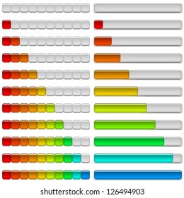 Set of glass colorful loading progress bars at different stages, elements for web design. Vector eps10, contains transparencies