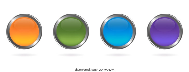 Set of Glass Colorful Round Button with Silver Frame on White Background. Mockup Collection of Blue, Green, Orange, Violet Realistic Buttons with Metal Border and Shadow. Isolated Vector Illustration.