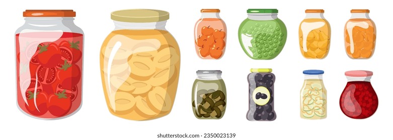 Un conjunto de compotas de vidrio o jarras con verduras y frutas en vinagre. Dibujo vectorial plano de dibujos animados. Ilustración vectorial de frutas y verduras enlatadas, conjunto de harinas saludables