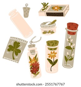 Conjunto de recipientes de vidrio con ramas, semillas, flores en el interior. Floristería casera para la memoria. Pequeños frascos con tapa para guardar recuerdos. Terrario para plantas, herbario, flores secas. ilustración de Vector