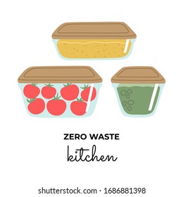 Set of glass containers for food, lunchbox. Zero waste, organic template collection. Go green concept. Vector illustration in flat cartoon style, isolated on white background