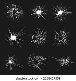 Juego de grietas de vidrio con diferentes tipos de daño en la ilustración de vector aislado del fondo negro.