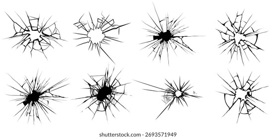 Conjunto de grieta de vidrio con diferentes tipos de daños en la Ilustración vectorial aislada gráfica de fondo negro.