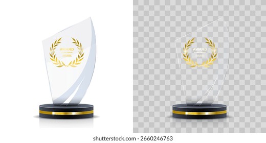 Conjunto de projetos de troféus de vidro e cristal. Possui formas redondas, angulares e de escudo com base em pedestal. Ótimo para emblemas de campeões, prêmios de eventos e prêmios de melhor lugar. PNG transparente em segundo plano.