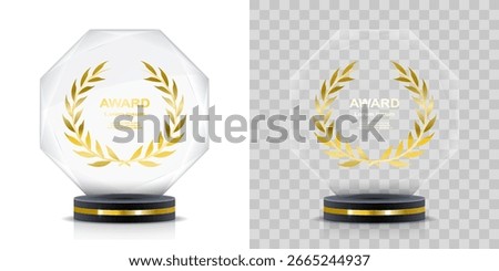 Set of glass and crystal trophy designs. Features round, angled, and shield shapes with pedestal base. Great for champion badges, event prizes and top place awards. Transparent background PNG.