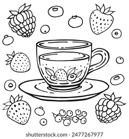 Set with glass cup tea, berries. Hand drawn vector illustration in outline style.