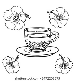 Set with glass cup tea, hibiscus. Hand drawn vector illustration in outline style.