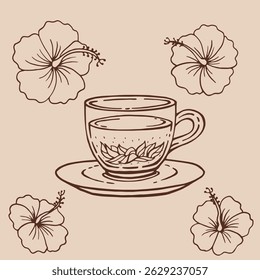 Set with glass cup tea, hibiscus. Hand drawn vector illustration in outline style.