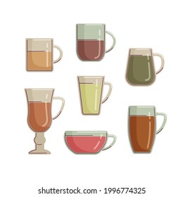 Set of glass cups icon with drinks. Vector isolated color  illustration in flat style with line.