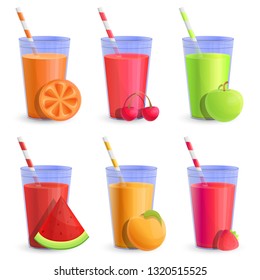 set of glass cups with juice of various fruits, vector illustration