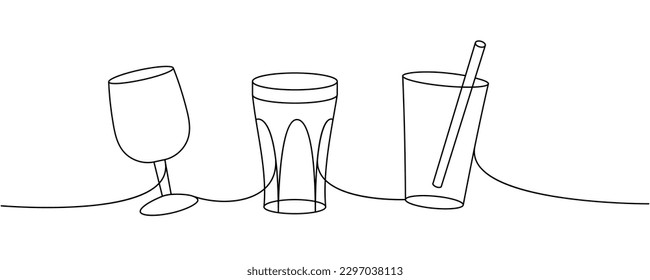 Conjunto de vasos de vidrio de una línea de dibujo continuo. Ilustración continua de una línea con vasos vacíos. Ilustración lineal vectorial.