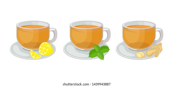 Set of glass cups  with saucers  with herbal  tea inside and lemon slice, mint, ginger  vector illustration isolated on white background. Hot herbal tea vector