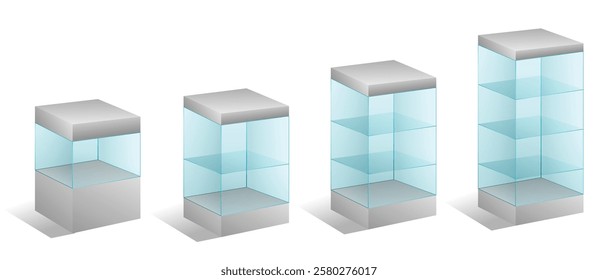 Set of Glass Display Cases with Different Heights and Shelves illustration isolated.