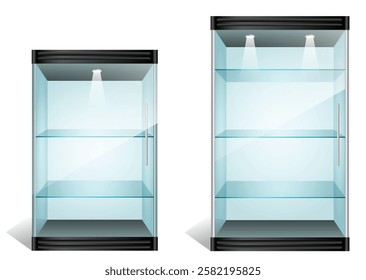 Set of Glass Display Cases with Different Heights and Shelves illustration isolated.  