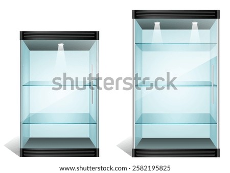 Set of Glass Display Cases with Different Heights and Shelves illustration isolated.  