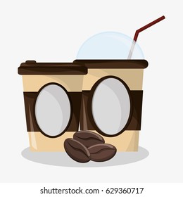 set glass disposable for hot drinks with stick and beans of coffee