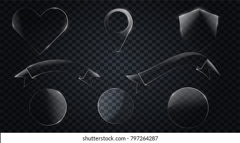 Set of glass drawn ribbons / banners. Hand drawn Badge, banner, ribbon, flag, sunburst design element.