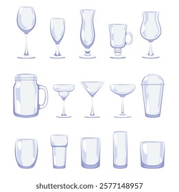 Set glass drinking glasses. Transparent empty glassware for water, wine, beer and cold cocktails. Champagne, whiskey and martini. Various shapes objects. Vector isolated flat style set