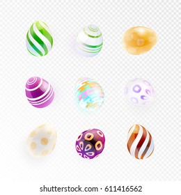 Set of glass eggs with abstract pattern isolated on a transparent background. Shiny colorful Easter eggs. Vector illustration.