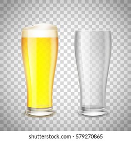 Set of glass, empty and with beer on a transparent background. Stock vector illustration.