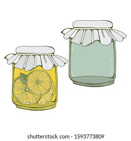 Set of glass empty jar for canning and jar with lemon jam. Square shape with right angles. With the lid closed. Vector illustration isolated on white background. Canned packaging, tableware. Packaging