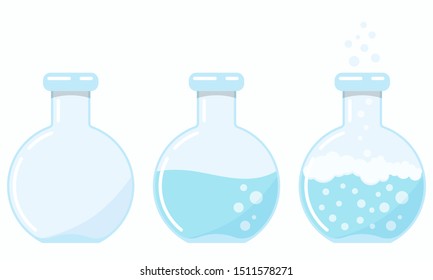 Set of glass flasks icon with a proceeding chemical reaction at different stages of the process isolated on white background. Flat design vector illustration of laboratory research and tests concept.