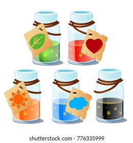 Set of glass flasks with magical elixir or essential oil, with label and tag isolated on white background. Vector cartoon close-up illustration.