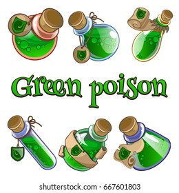 Set of glass flasks with magical green poisons, closed cork with label and tag, isolated on white background. Vector cartoon close-up illustration.
