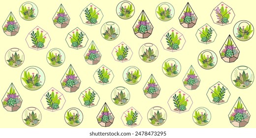 Conjunto de floreros de vidrio con plantas suculentas, Pequeños jardines con suculentas en miniatura. Terrario floral. Home Contenedores de bricolaje de interior de Formas geométricas para el cultivo de flores. Vector de dibujos animados