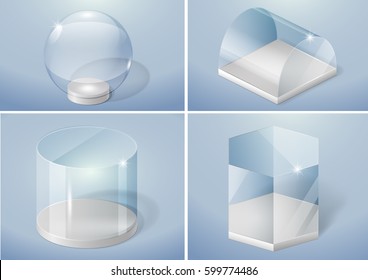 Conjunto de formas de vidrio de esfera, prisma, arco y cilindro. Gráficos vectoriales con efecto de transparencia