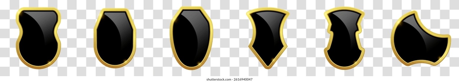 Set of glass glossy shield. Vector illustration. Transparent background.