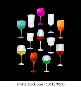 Set glass goblets circle. Vector illustration of a set of realistic wine wine glasses.