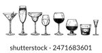 Set of glass goblets in ink hand drawing. Isolated on white. Glasses with white and red wine, glasses for cocktails, cognac, whiskey, vodka on the white background. Vector illustration.