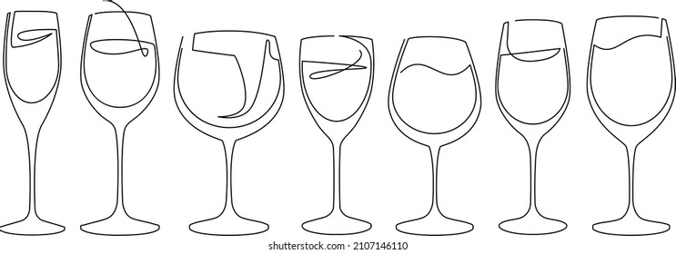 Set of glass goblets for wine and drinks. Continuous line drawing. Isolated on white background. Vector illustration.