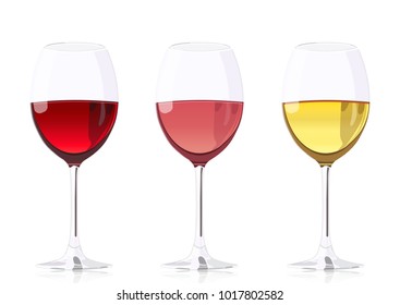 Set glass goblets for wine, vector realistic drawing. Wineglass with red wine, wineglass with rose wine and wineglass with white wine, isolated on white background