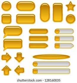 Set of glass gold buttons and sliders, computer icons of different forms for web design, isolated on white background. Vector eps10, contains transparencies