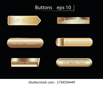 Set of glass gold buttons and sliders, web icons of different forms. Gradient mesh. Button set color gold glossy.