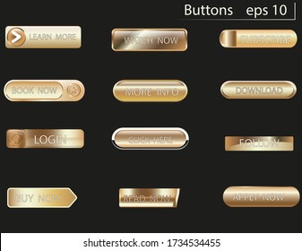 Set of glass gold buttons and sliders, web icons of different forms. Gradient mesh. Button set color gold glossy.